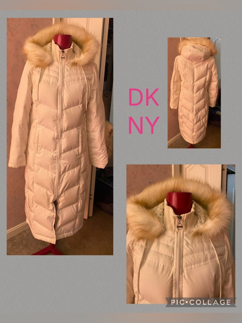 DKNY ACTIVE long white puffer jacket with fur trim hood! Vintage Y2K size M